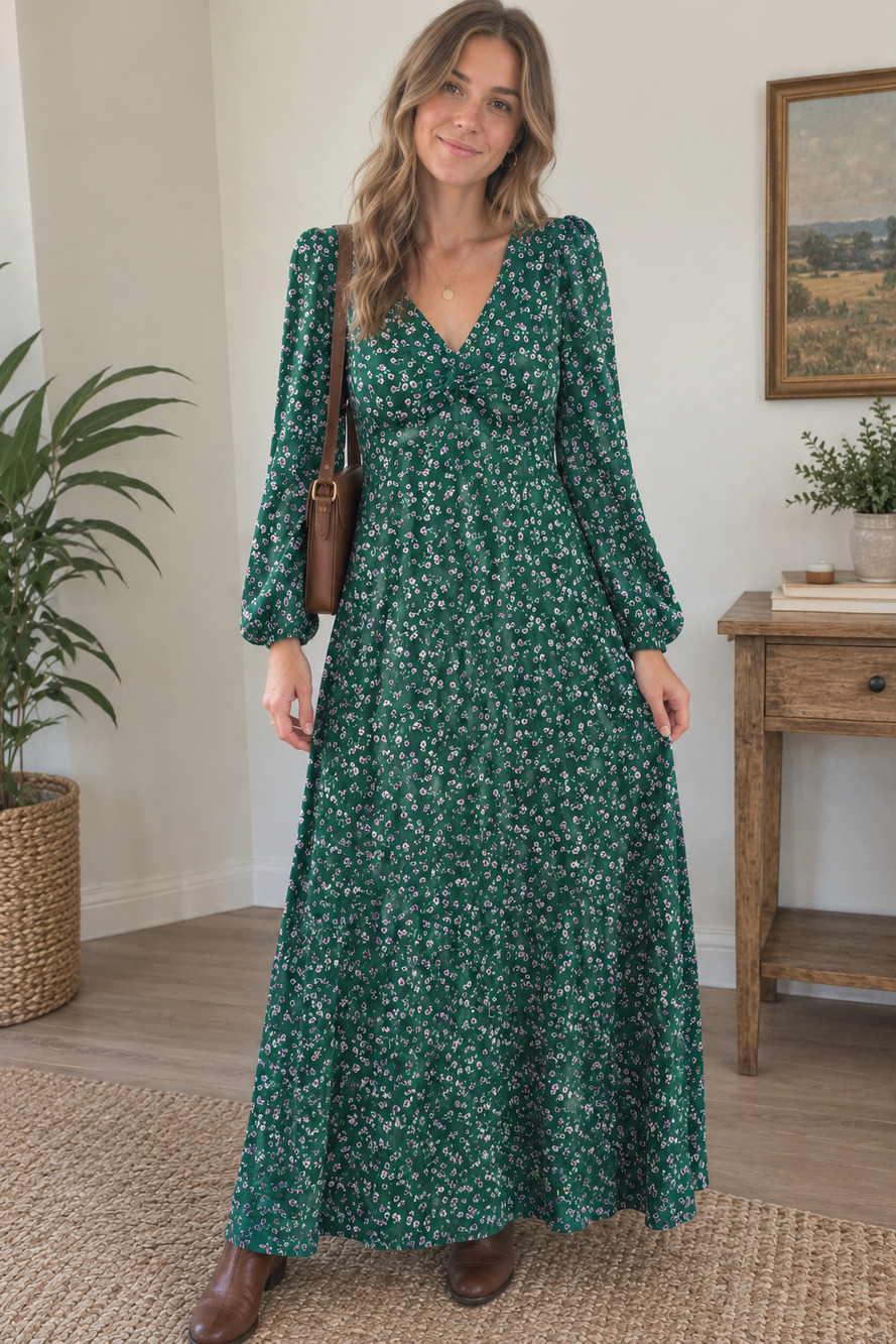 GAP Puff Sleeve Satin Midi Dress Size 16 Green Floral V-Neck Ruched Long Sleeve